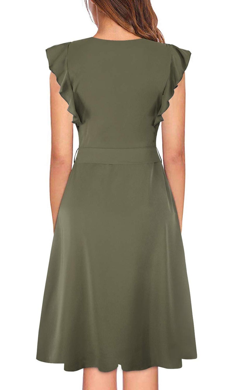 MITILLY Womenâ€™s Boho Flutter Short Sleeve V Neck Button Down A-Line Swing Casual Midi Dress with Pockets Large Army Green - Image 3